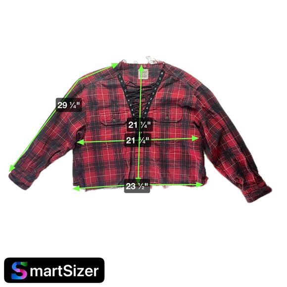 Furst of a Kind Women's L/S Red & Black Plaid Flannel Lace Up V Nack Crop Top - Picture 8 of 8